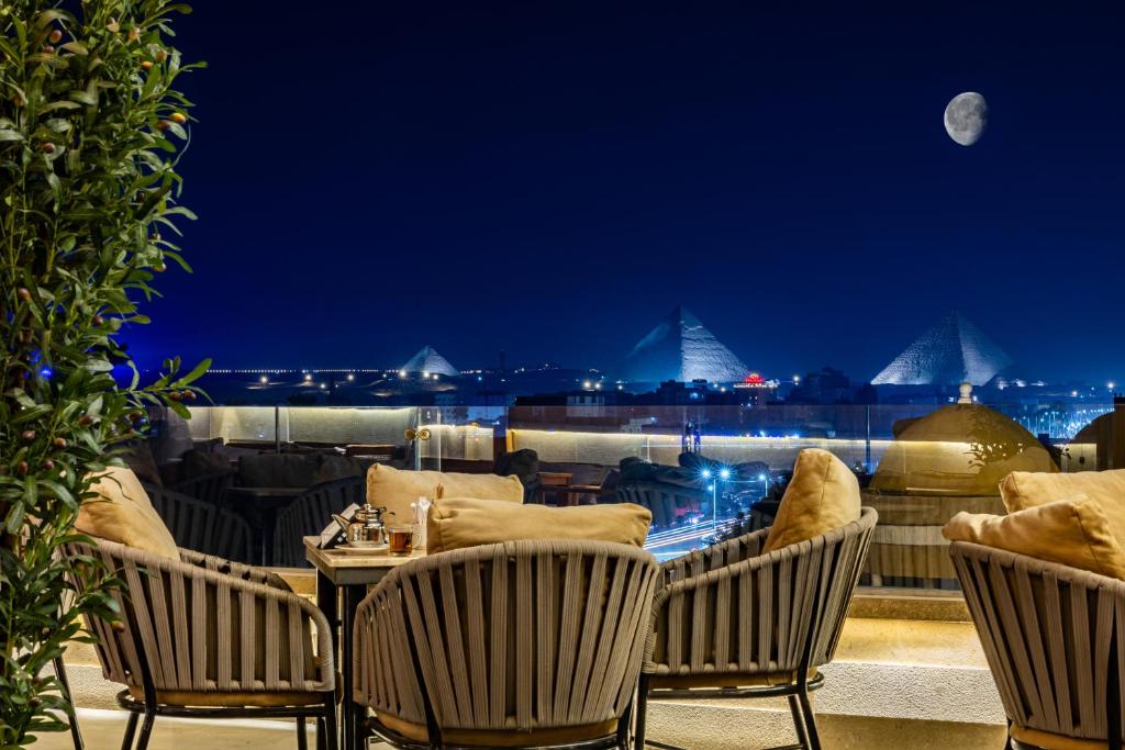 The pyramids of Giza beneath an open Egyptian sky